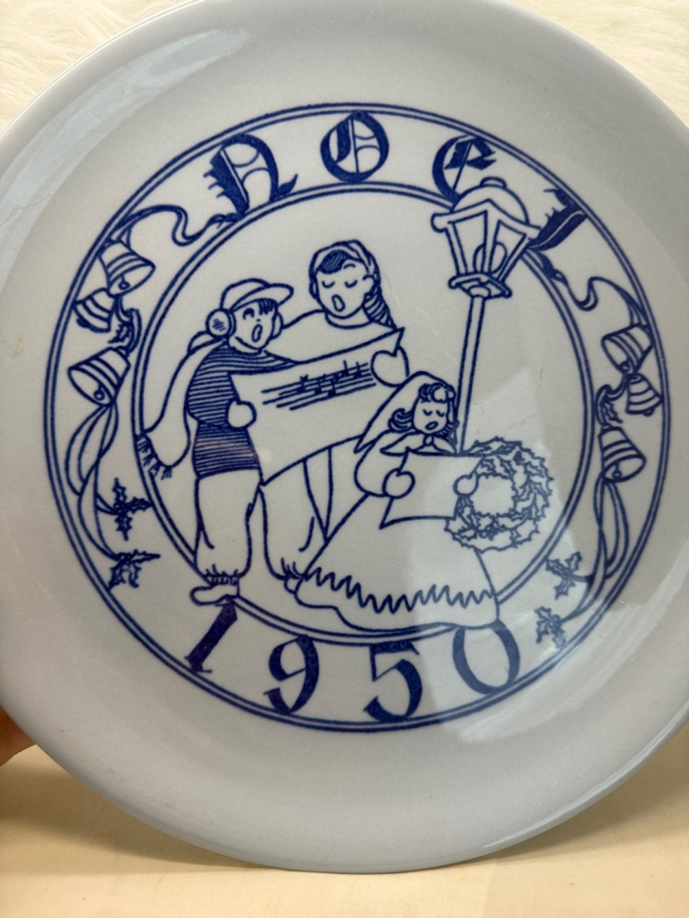 White Ceramic Decorative Plate with Blue Holiday Carolers